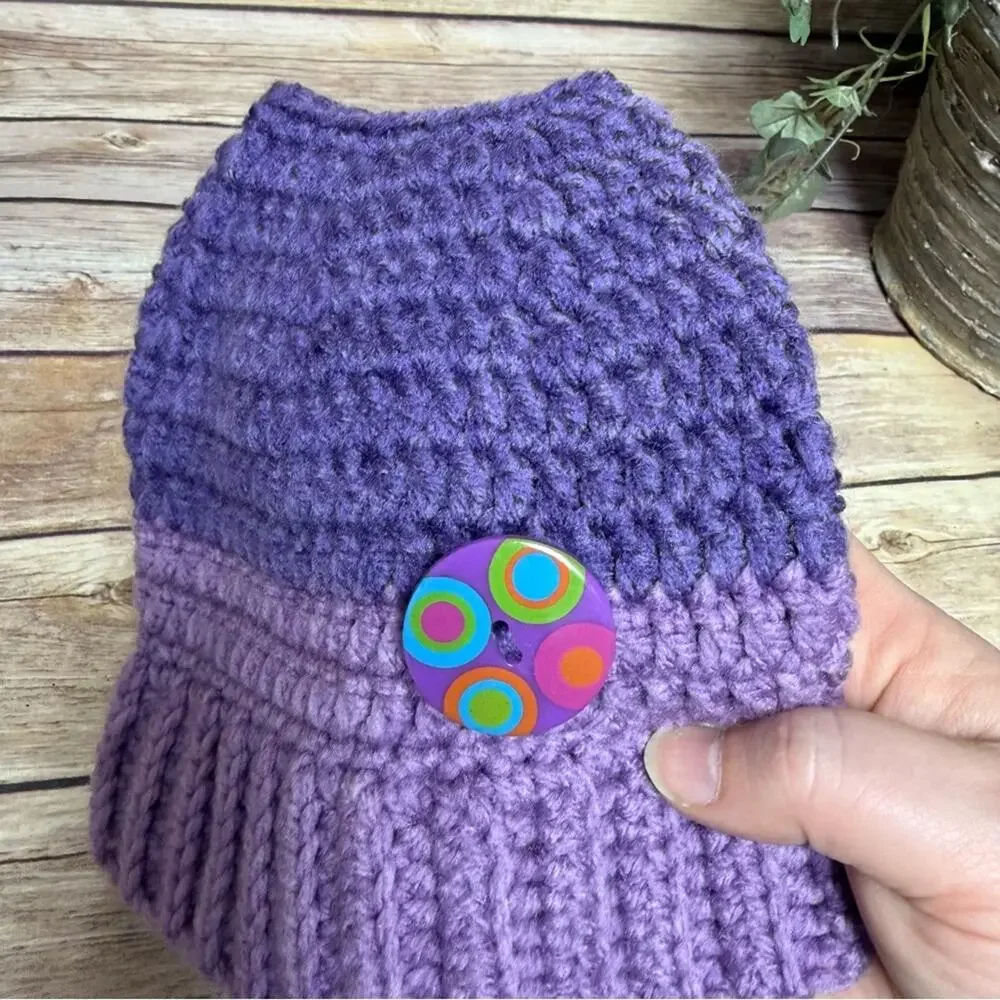 Vibrant Purple Kids Crochet Messy Bun Beanie